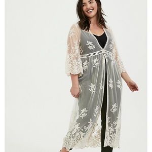 Torrid Ivory Mesh Embroidered Duster Kimono